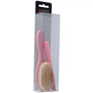 Детская щетка Herba с расческой из щетины кабана розовая